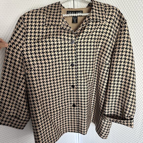 Silkland Black & Tan Pure Silk Houndstooth Shacket Jacket Button Career 2x - Picture 1 of 9